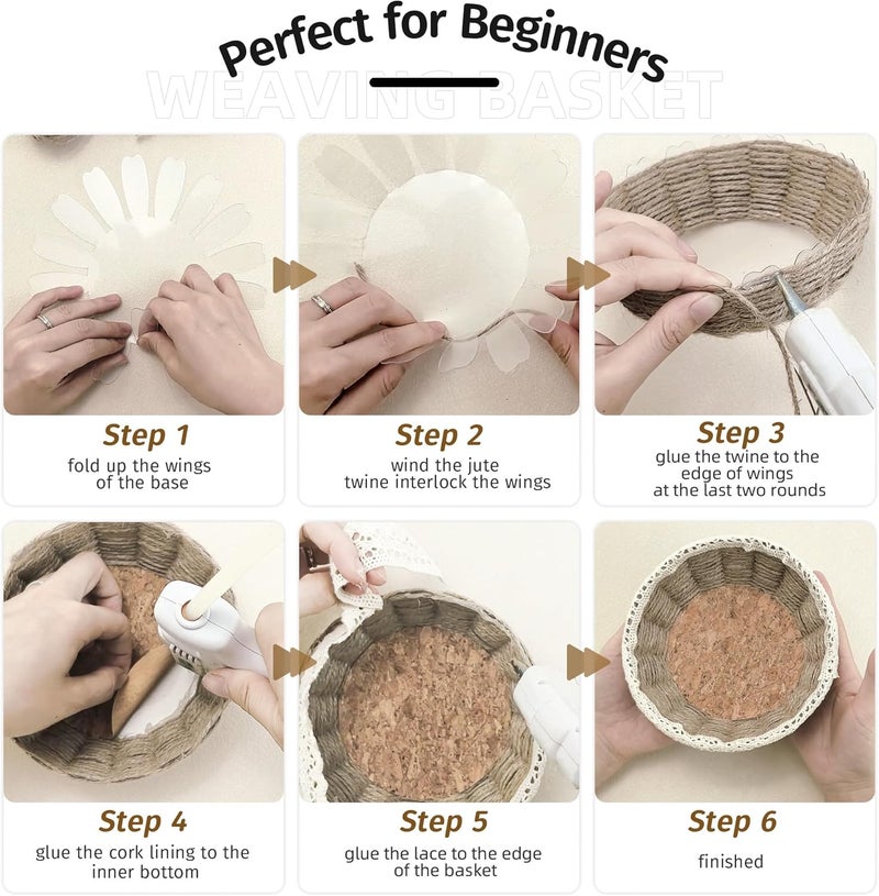 AOUXSEEM 8 Sets Basket Weaving Craft Kit for Beginners,DIY Burlap Style Desk Storage Small Parts Candy Cookies Bowls,8 inches Plastic Base and 109yd Jute Twine and Cork Linings & Lace - Image 3